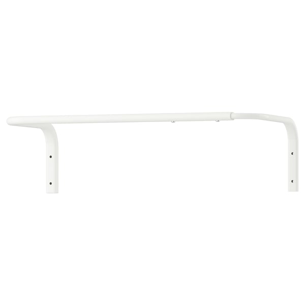 A white MULIG adjustable metal wall bar. Its rectangular, made of steel with a powder coating. Ideal for versatile use, including in bathrooms.