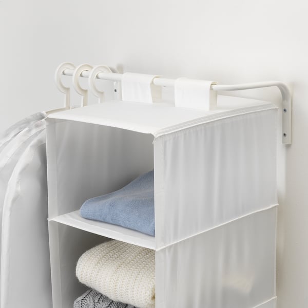A white, adjustable shelving unit holding folded clothes, with multiple hooks on top, suitable for bathroom or balcony use.