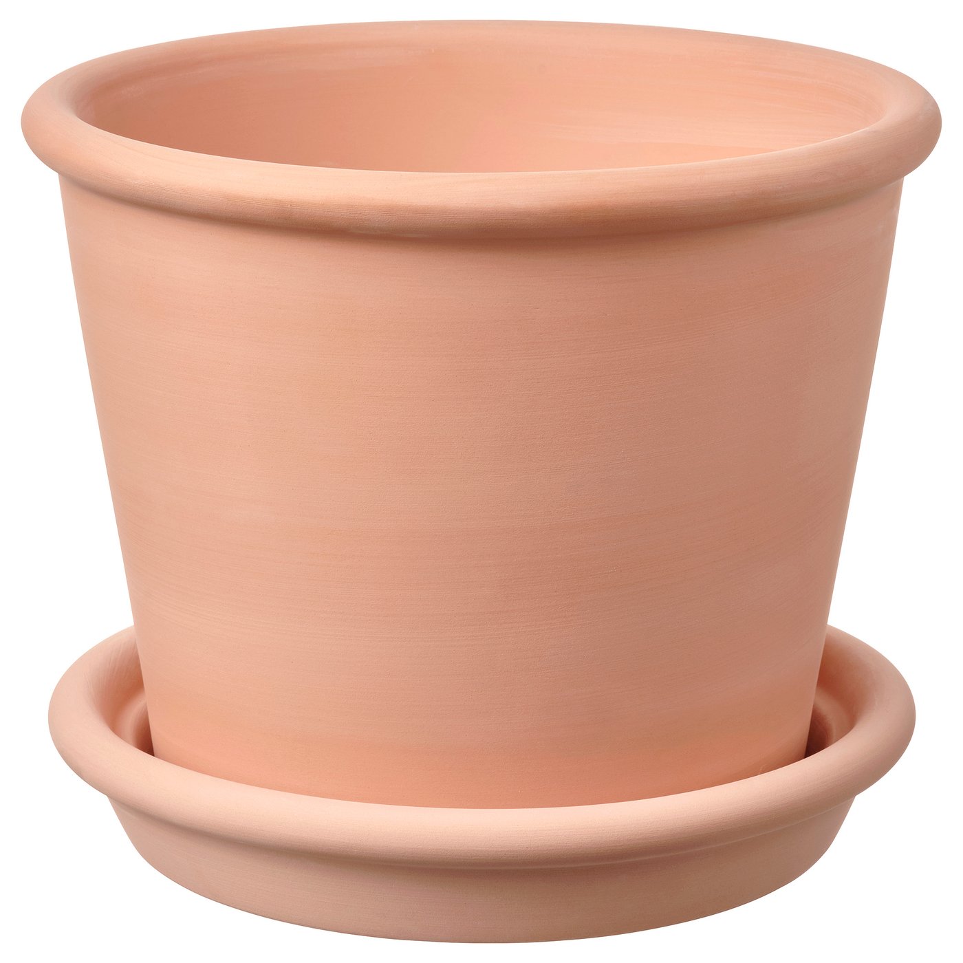 Round terracotta planter with saucer. Frost-resistant, drained, red clay, smooth finish.