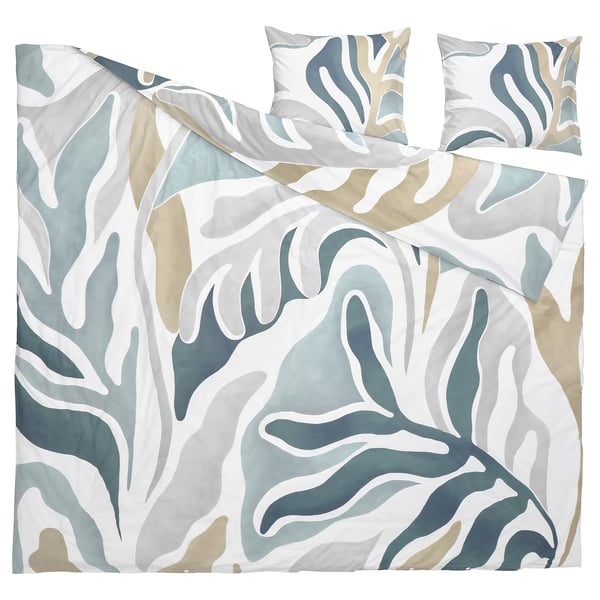 MYGGLASVINGE duvet & pillow set, nature-inspired leaf design, white/blue/grey, cotton-viscose blend, crisp and soft.