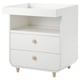 White MYLLRA changing table. Modern minimalist design with two drawers, wood knobs, and legs.