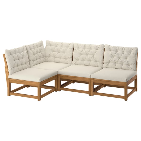 NÄMMARÖ 3-seat modular corner sofa, outdoor light brown stained/Kuddarna light grey-beige, 200 cm