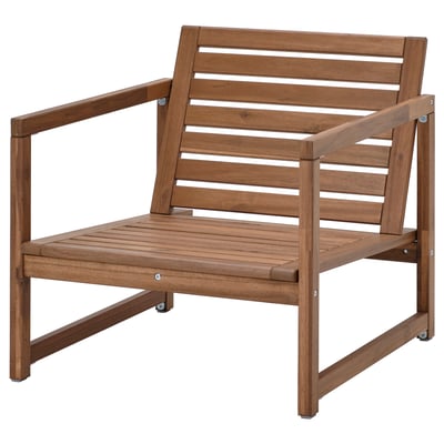 Brown wooden patio chair, NÄMMARÖ, outdoor furniture, sturdy acacia wood, slatted design.
