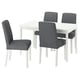 A white extendable NÄSINGE dining set with four grey upholstered chairs.