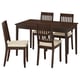 Dark wood 4-seat dining set with cushioned chairs, simple and modern design.