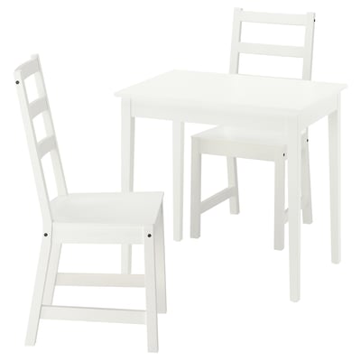 A white NÄSINGE dining set with a square table and two ladder-back chairs.
