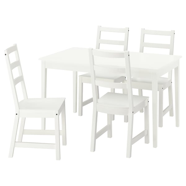 White NÄSINGE dining set with extendable table and 4 chairs.