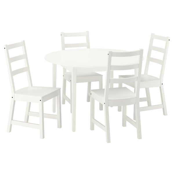 A white NÄSINGE dining set, including a round table and four chairs with ladder-back design.