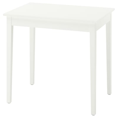 A white NÄSINGE square dining table with melamine top and wooden legs, ideal for small spaces.