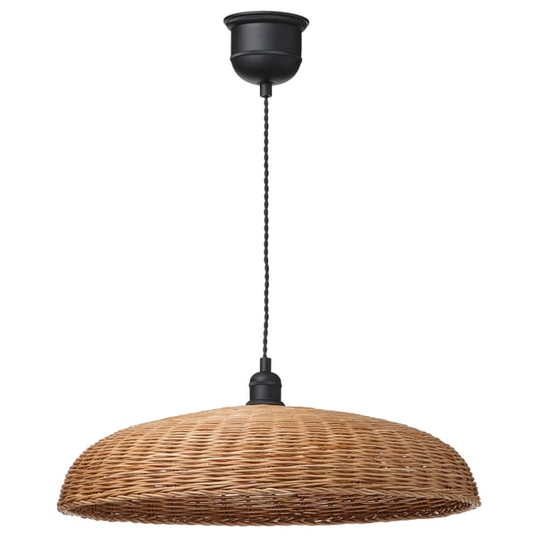 Rattan pendant lamp, brown, round dome shape, black ceiling cup.