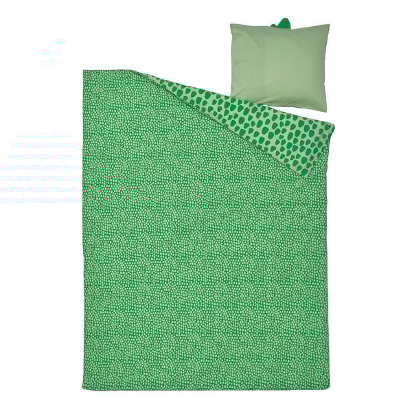 Green dinosaur-themed bedding set with matching pillow. Soft cotton-viscose blend with playful patterns.