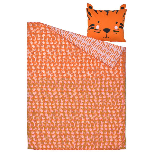 Orange tiger-patterned duvet set with cute face pillow, made of cotton and viscose.