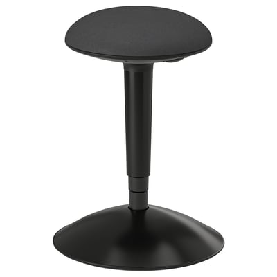 Black rounded NILSERIK active stool. Adjustable, textured seat. Curved steel base. Modern office accessory.
