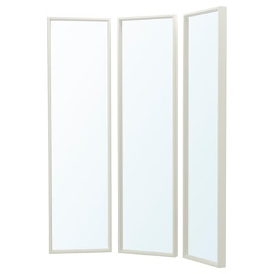 A white NISSEDAL tri-fold mirror with minimalist design, ideal for bathrooms. It has a fiberboard frame and glass mirrors.