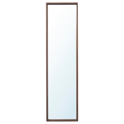 The NISSEDAL mirror is a stylish, rectangular, wall-mounted mirror with a dark brown frame, perfect for bedrooms or bathrooms.