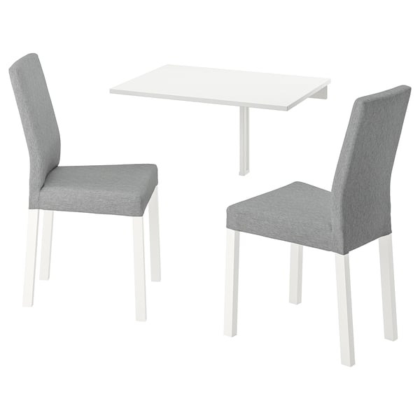 Image white NORBERG drop-leaf table and gray chairs. Modern, minimalist design with melamine table top and fabric chairs.