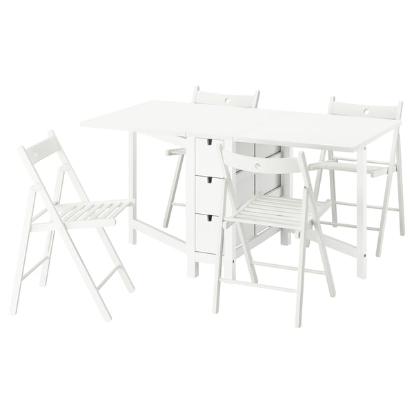 A white NORDEN dining set with a table and four folding chairs, perfect for small spaces.