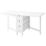 Nordic-style white extendable dining table with 3 drawers. Clean lines and sturdy construction for versatile, space-saving dining.