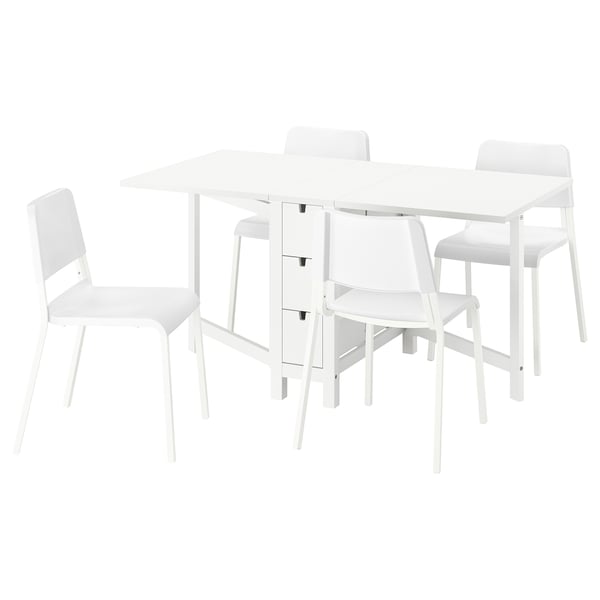 White NORDEN extendable dining table with 4 stackable chairs, modern design.