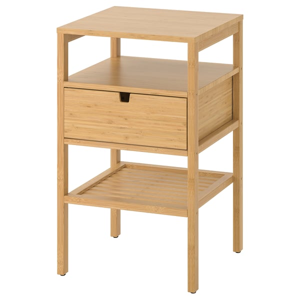 A light brown NORDKISA bedside table made of bamboo with a drawer and shelves.