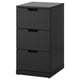A NORDLI black modern chest with three drawers, rectangular shape, smooth finish.