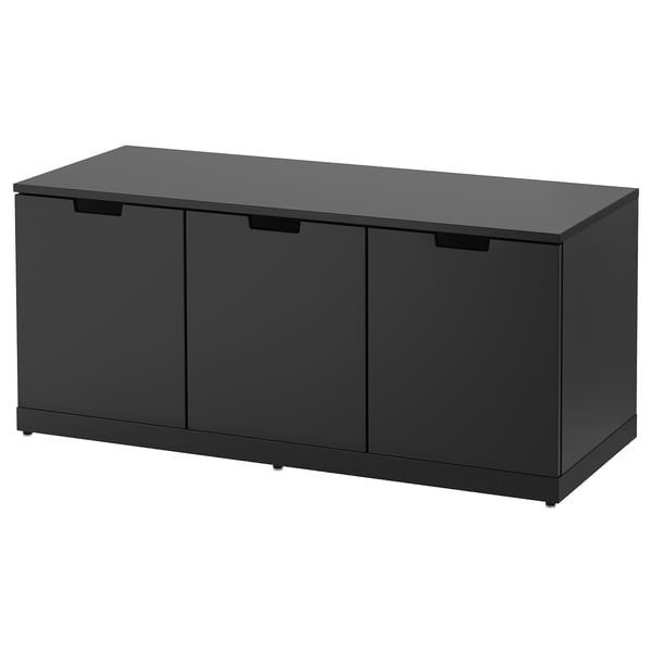 Black modern storage unit with three large slide doors, rectangular shape, clean design.