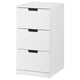 White NORDLI chest, three drawers, modern minimalist design, smooth drawer fronts.
