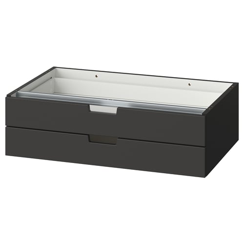 A grey NORDLI chest with two drawers. The design is modern and minimalist, made from particleboard and fiberboard, ideal for storage.