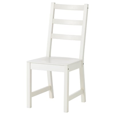 A white, wooden kitchen chair with a ladder-back design and a carved seat. Fine for dining use.