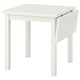 White wooden NORDVIKEN drop-leaf table, square, with sturdy legs and foldable leaf.