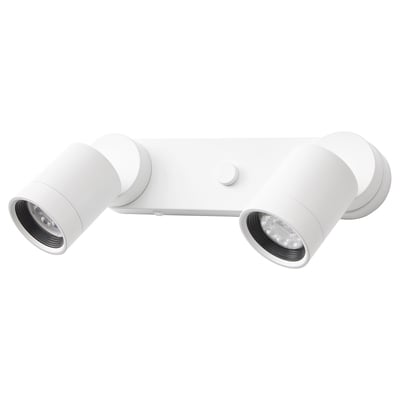 White dual-head spotlight, NYMÅNE, modern design, adjustable spots, metallic finish.