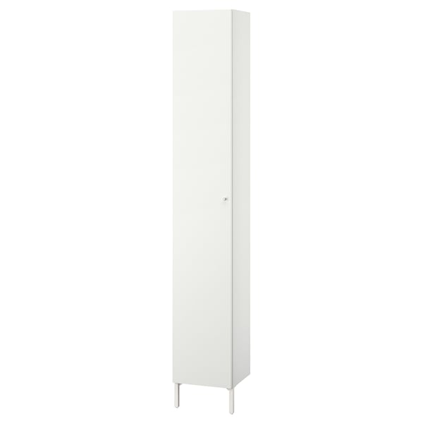 A white NYSJÖN tall bathroom cabinet with a single door and metal legs.