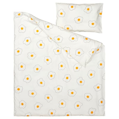 Sunny yellow kids bedding set with white floral pattern, soft cotton blend, rectangular shape, zip closure.