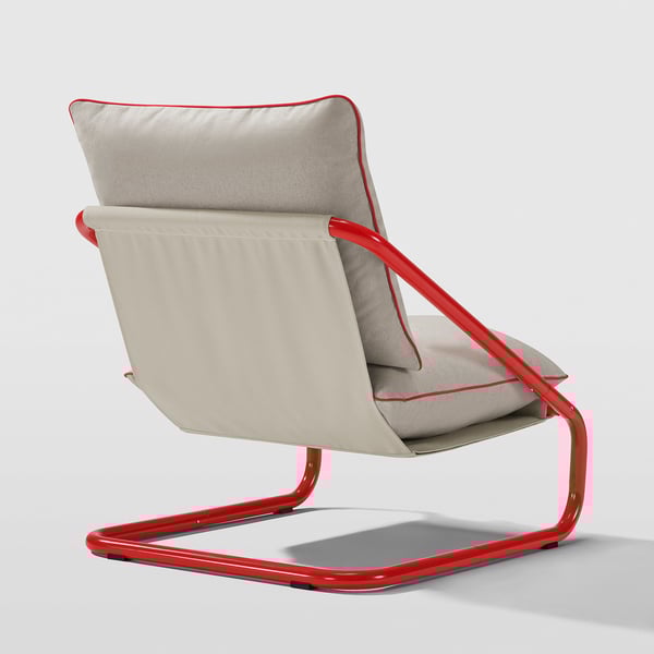 Red-framed armchair with beige cushions, designed for comfort and modern style.