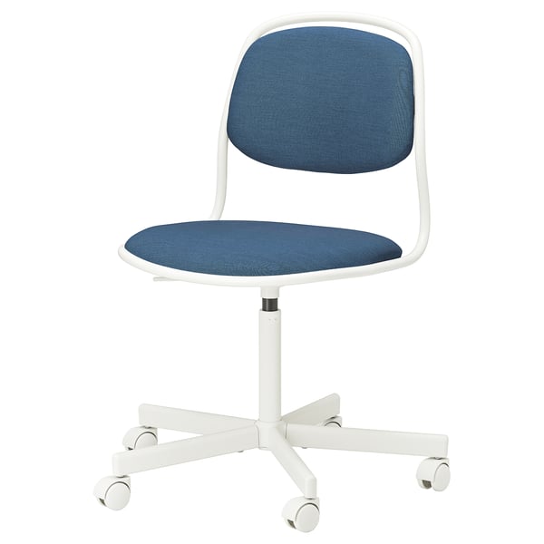 An ÖRFJÄLL office chair, blue with white frame and wheels, featuring a padded seat and back, adjustable height, and fabric upholstery.
