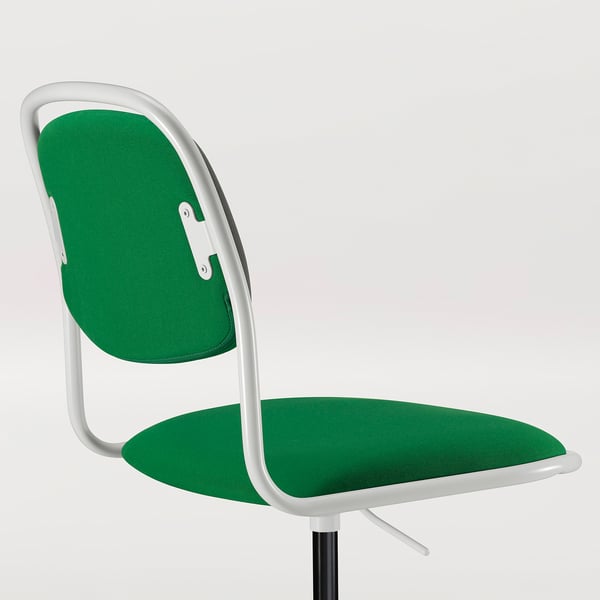 Bright green office chair with white metal frame, cushioned seat and back, on a plain white background. Adjustable height with a swivel base.