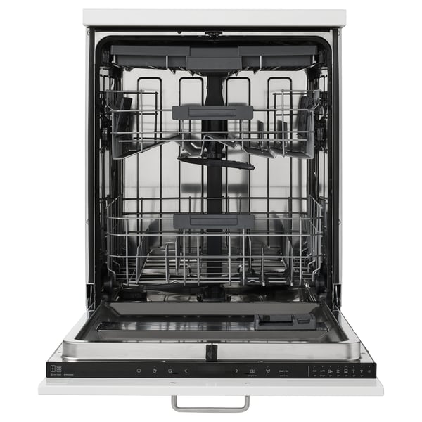 Open white dishwasher with two racks, control panel, and various holders.