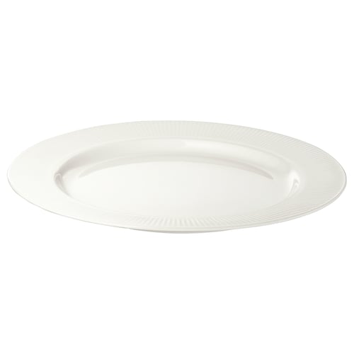 OFANTLIGT white dinner plate, elegant design, bone porcelain-like, round shape, sweet diagonal patterns.