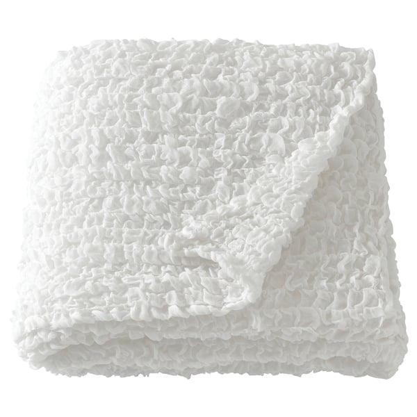 OFELIA white recycled polyester throw blanket, soft & stretchy, folded.