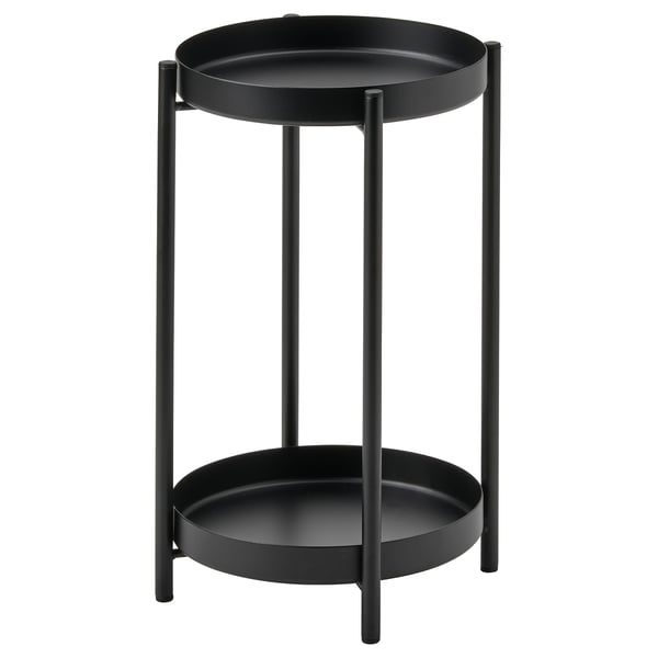 A black OLIVBLAD plant stand with round trays and metal legs, suitable for plants or as a side table.