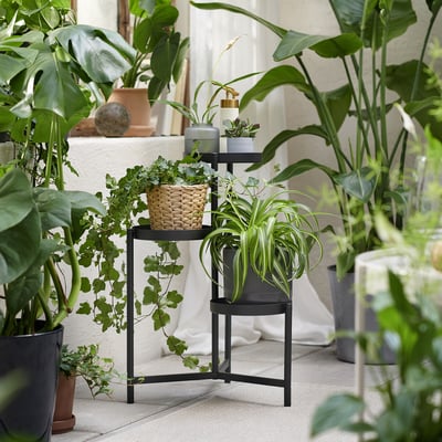 Black 3-tier plant stand with green houseplants