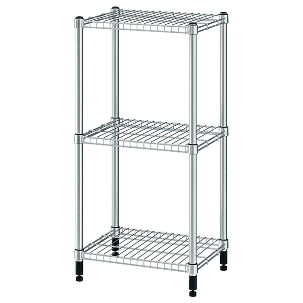 An OMAR three-tier metal shelving unit, silver in colour, with adjustable shelves and feet for stability.