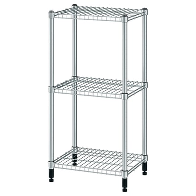 An OMAR three-tier metal shelving unit, silver in colour, with adjustable shelves and feet for stability.