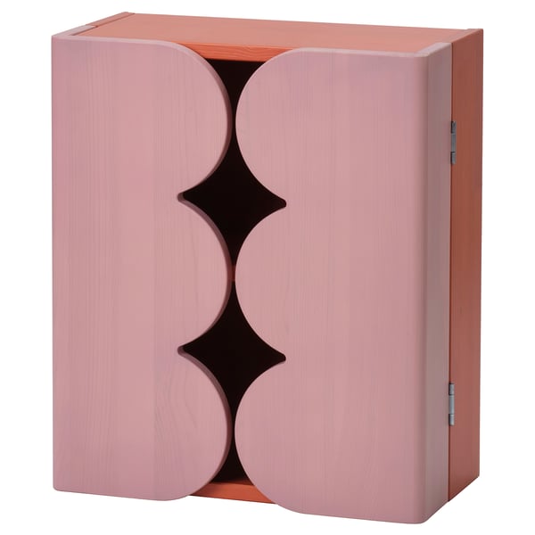 OMMJÄNGE pale pink wall cabinet, geometric design, wooden doors and back, stylish storage.