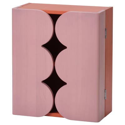 OMMJÄNGE pale pink wall cabinet, geometric design, wooden doors and back, stylish storage.