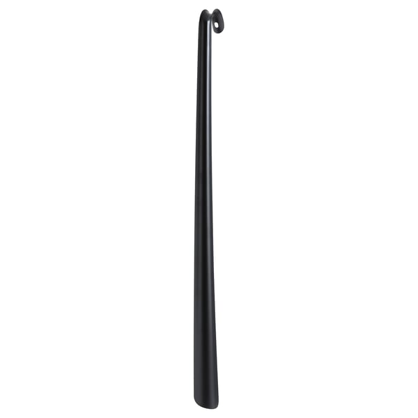 OMTÄNKSAM shoehorn, black, long metal handle with loop end for hanging.