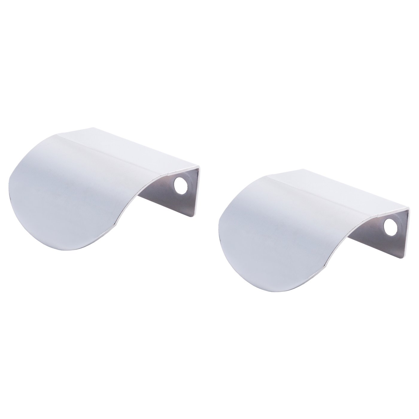 Two silver, metal, curved mirror shields with holes, reflective side out.