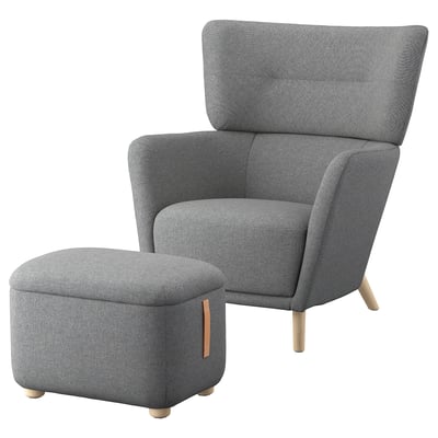 Grey OSKARSHAMN wing chair & footrest. Modern, comfy with wooden legs & 10-yr guarantee.