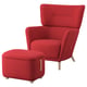 Red upholstered armchair and ottoman set with wooden legs, high back and storage for comfort and convenience.