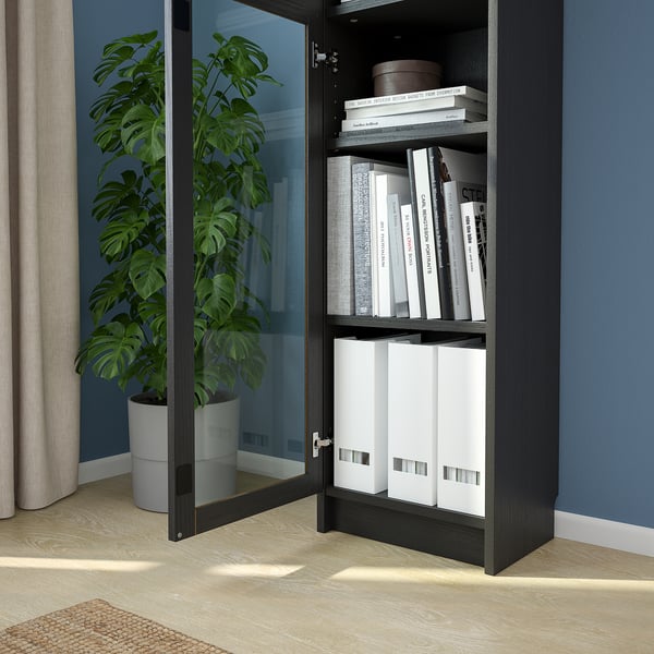 Modern dark wood cabinet with glass door, housing books and binders. A tall potted plant is beside it.